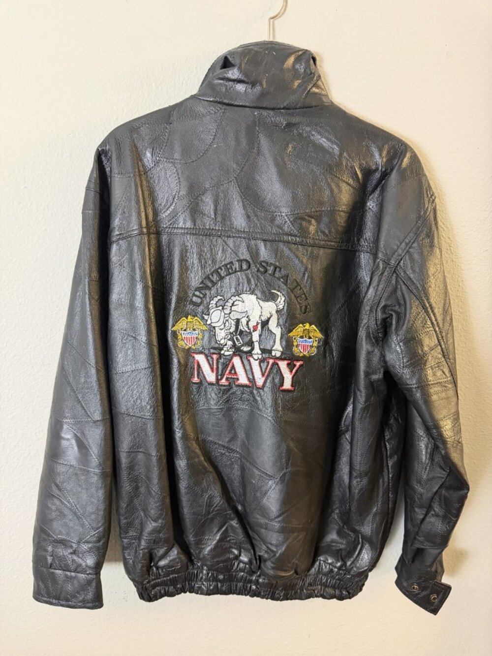 Vintage 90s USA Black Leather Aviator Bomber Jacket Military Navy Embroidery L
